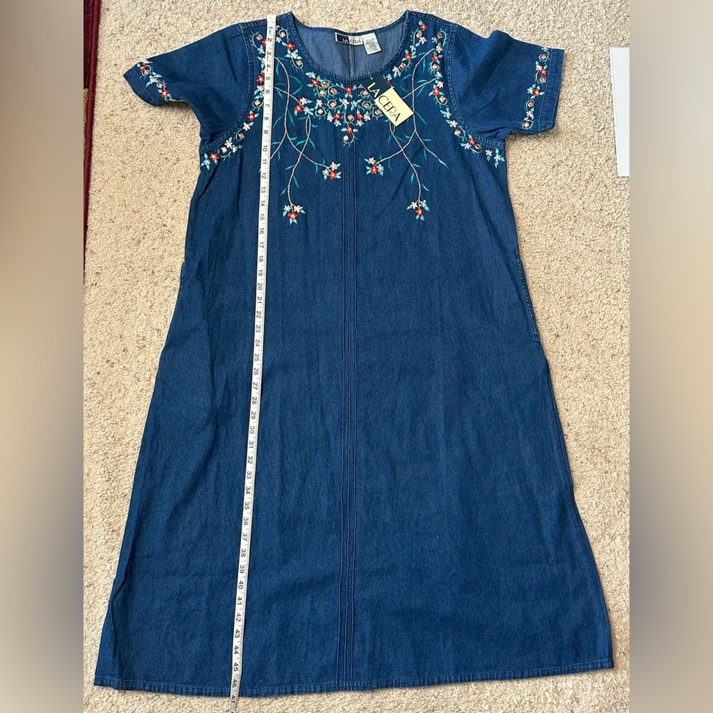 LA CERA Embroidered Denim Blue Cotton Shift Dress NWT Boho Floral Large - Picture 8 of 10